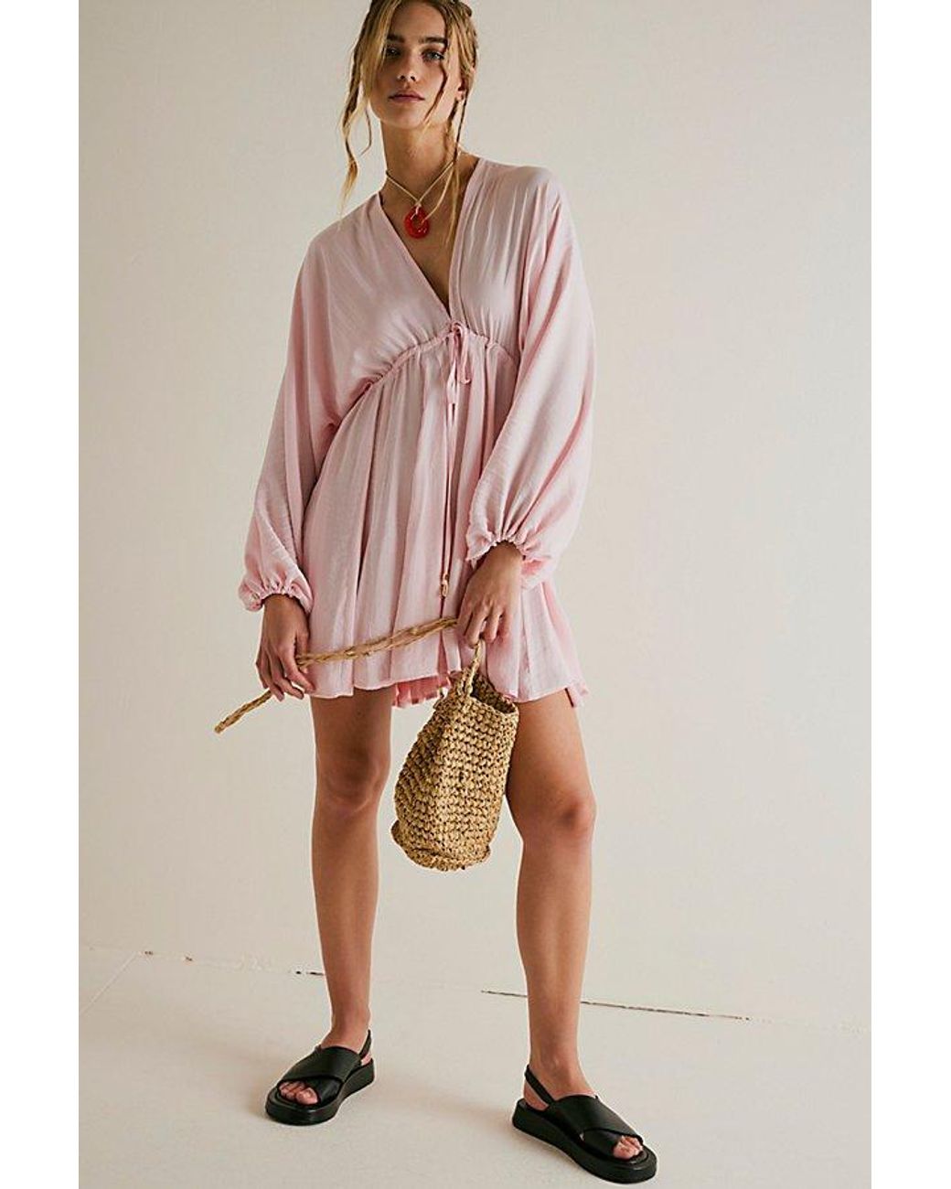 free people printed arzel mini dress NEW FREE PEOPLE Sz S PRINTED ARZEL KIMONO PLEATED MINI DRESS IVORY PAISLEY