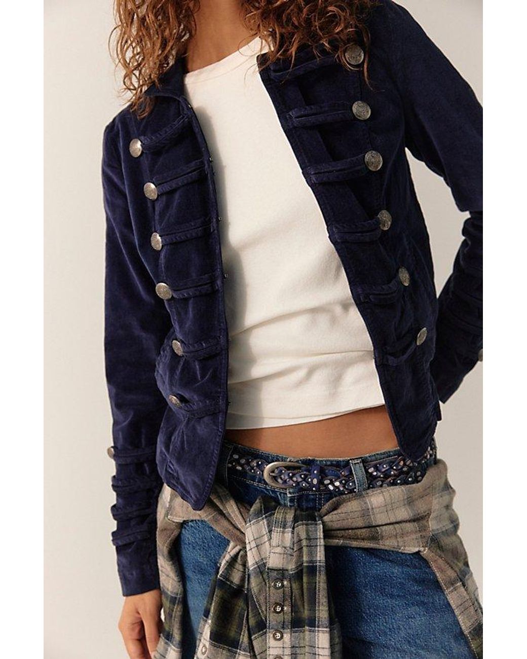 Free People Blue Fitted Velvet Military Jacket