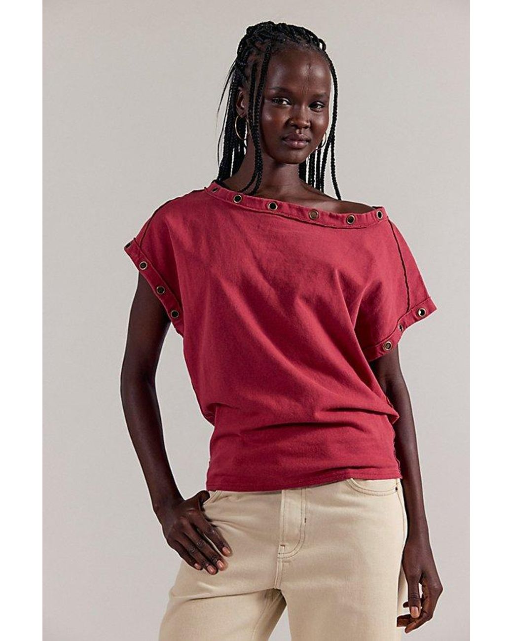 Free People Red Off-The-Shoulder Billie Tee