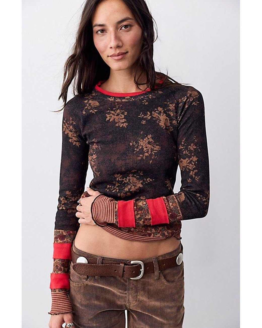 Free People Red Easy Does It Printed Long Sleeve Tee