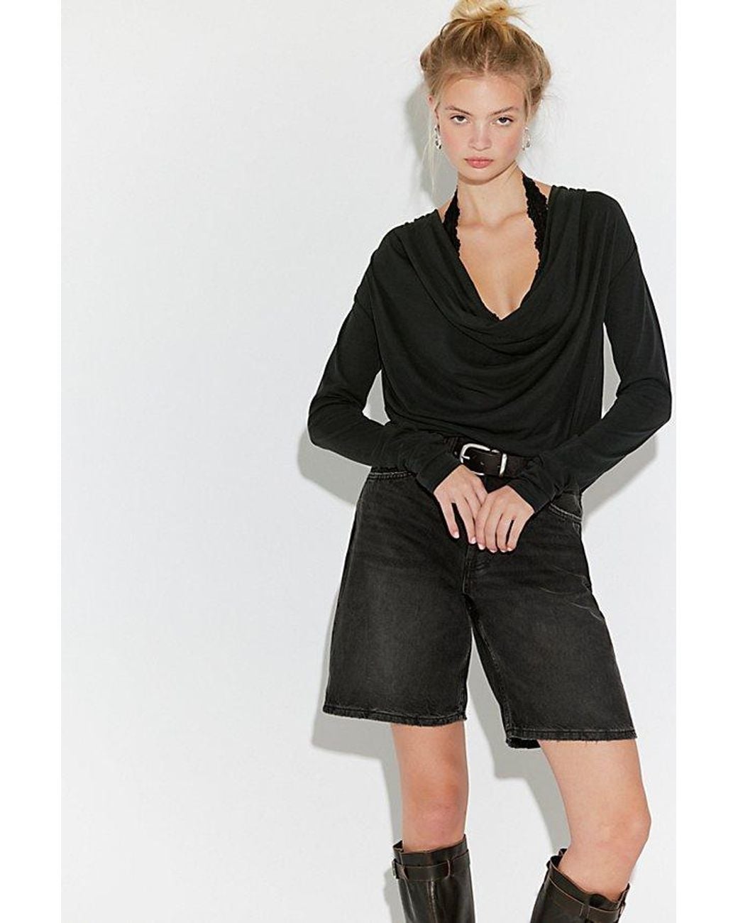 Free People Black Jane Draped Long Sleeve Top
