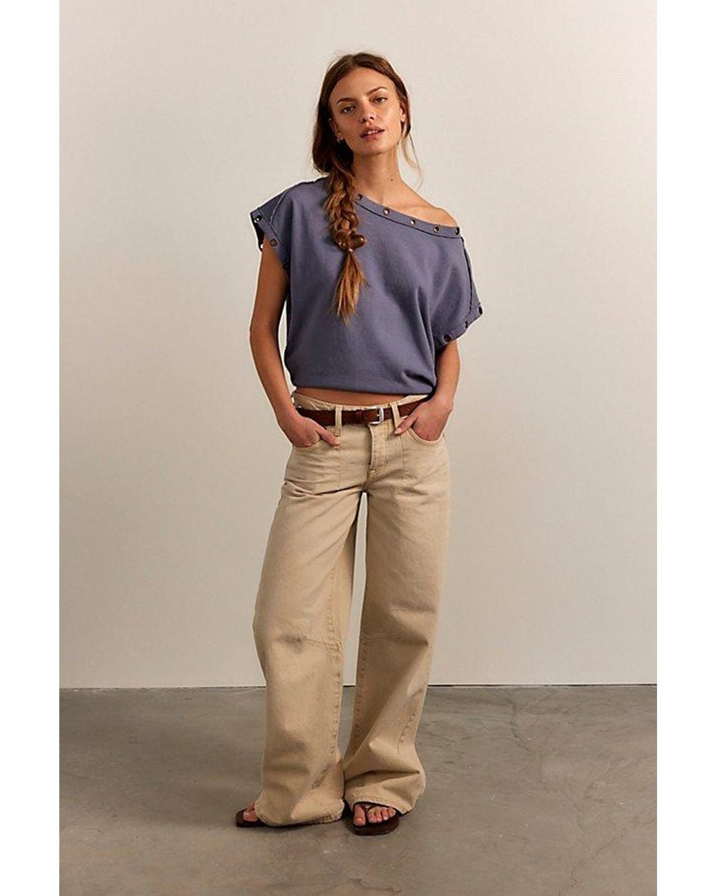 Free People Blue Off-The-Shoulder Billie Tee