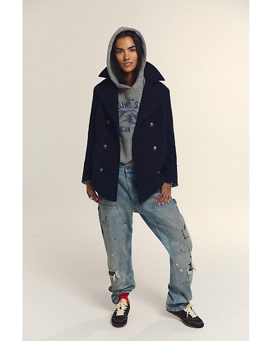 Free People Blue Jorah Wool-Blend Military Coat Jacket