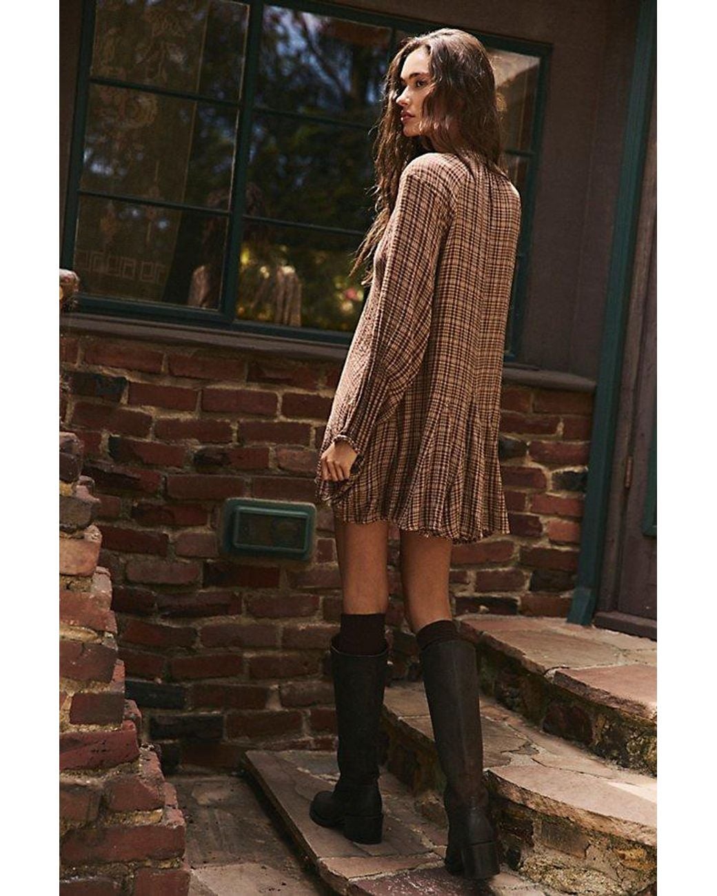 Downoad Buttons Free People Backroads Plaid Button Down Mini Dress in Brown | Lyst
