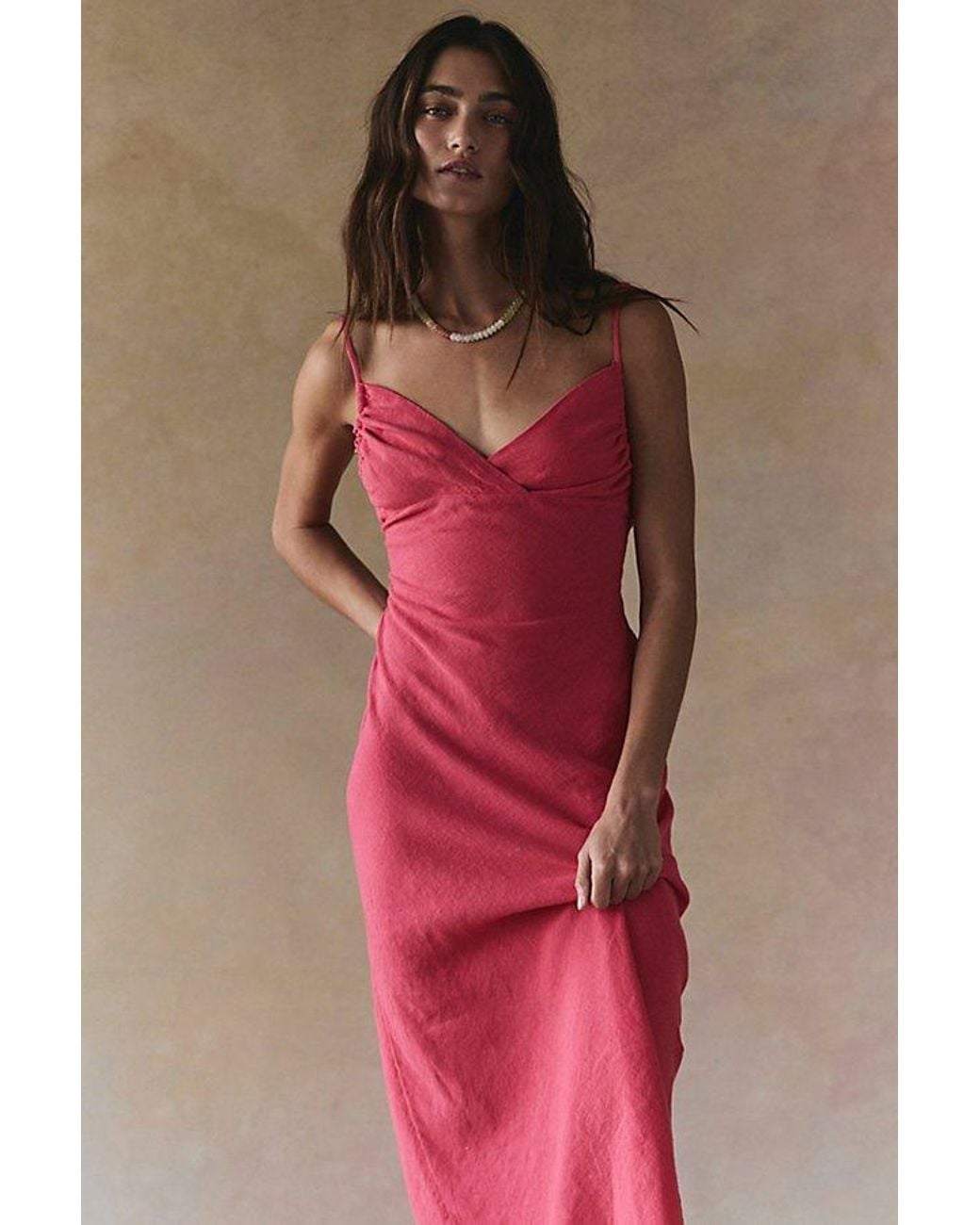 free-est Red Sandshell Linen Omnia Midi Slip Dress By