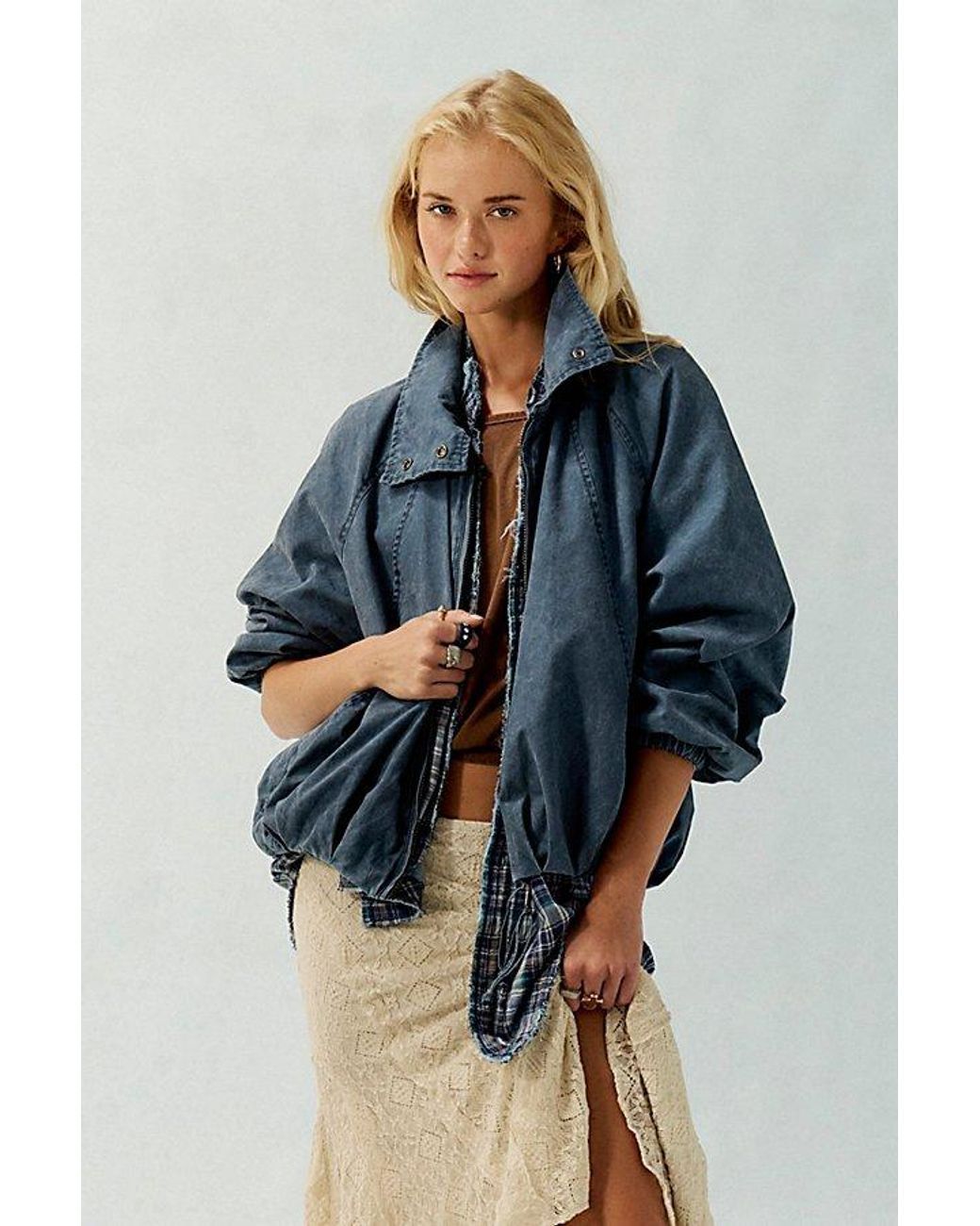 Free People Blue Chelsea Funnel-Neck Oversized Jacket