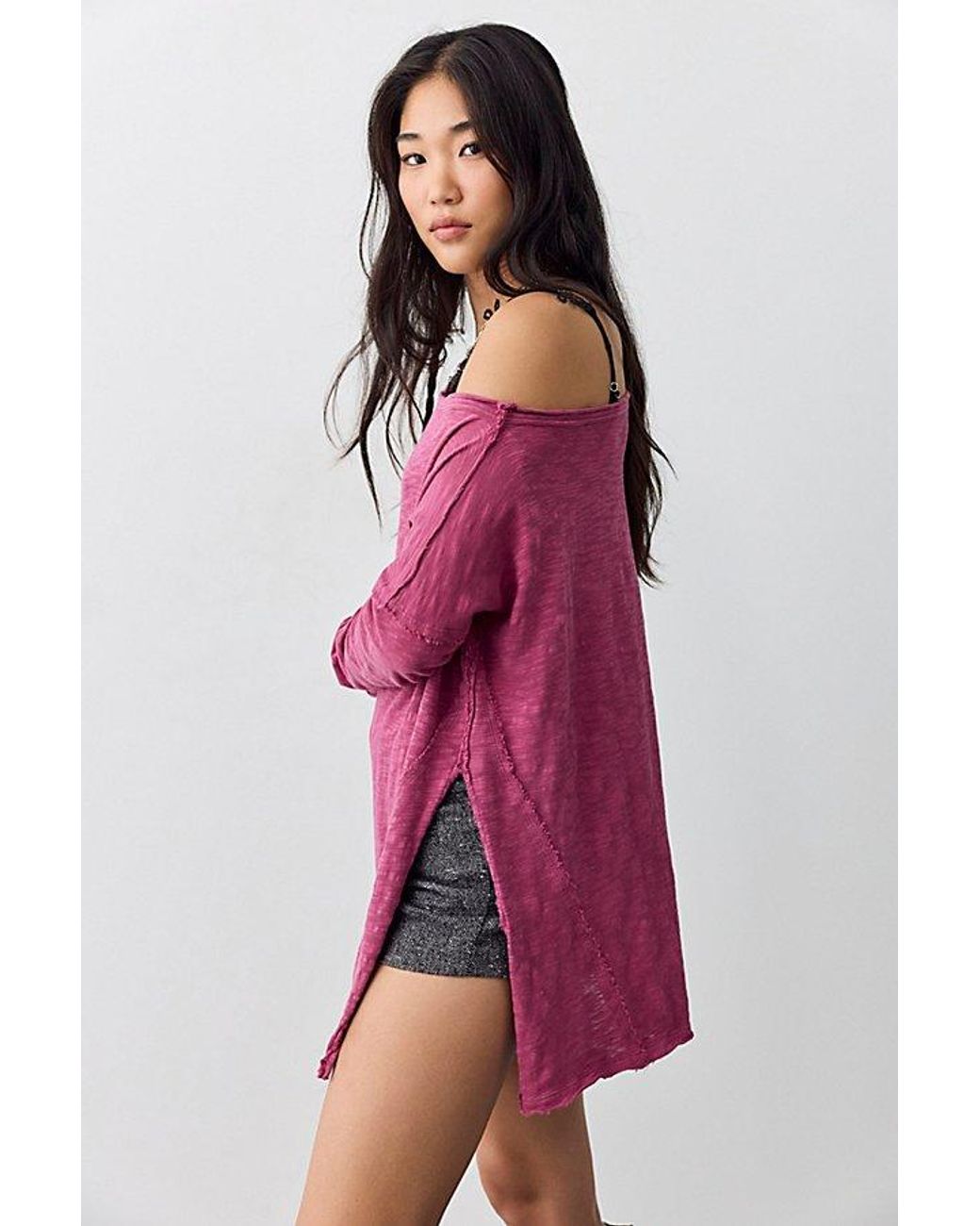 Free People Pink Nyla Off-The-Shoulder Long Sleeve Tee
