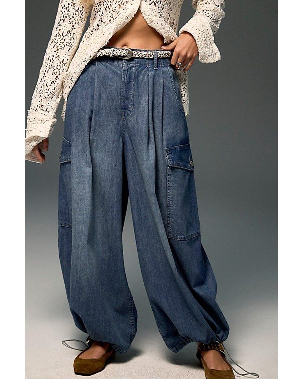 Free People Blue Wild Winds Cinched Wide-Leg Jeans