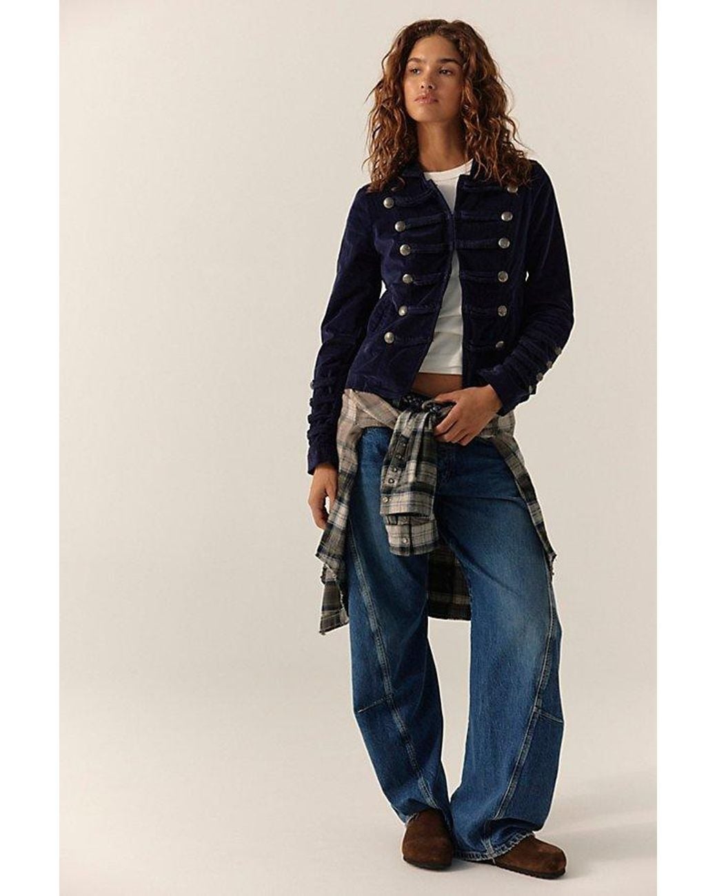 Free People Blue Fitted Velvet Military Jacket