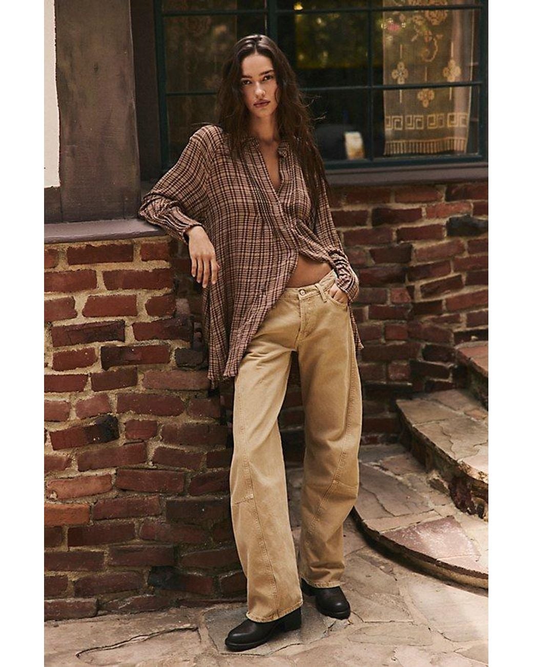 Downoad Buttons Free People Backroads Plaid Button Down Mini Dress in Brown | Lyst
