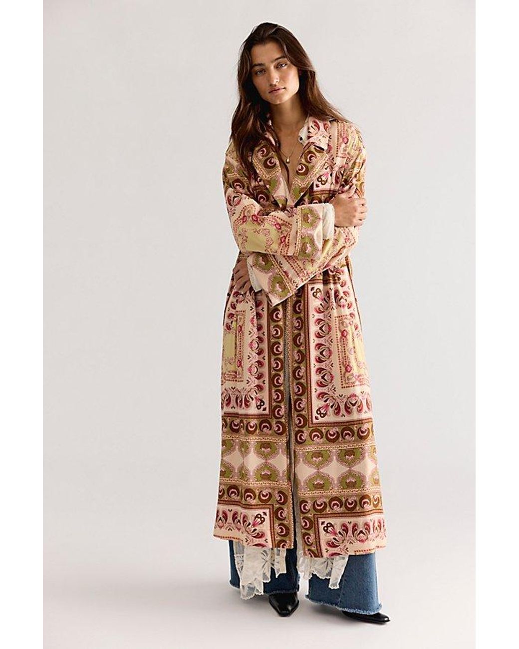 Free People White Coco Printed Duster Jacket