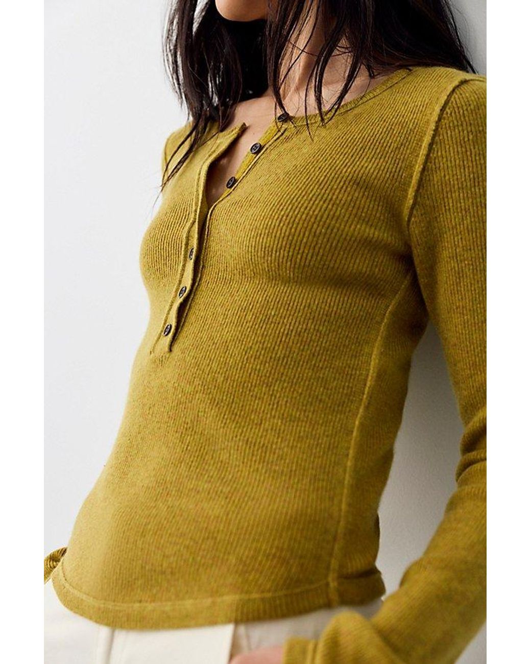 Free People Yellow Hudson Solid Cashmere Henley