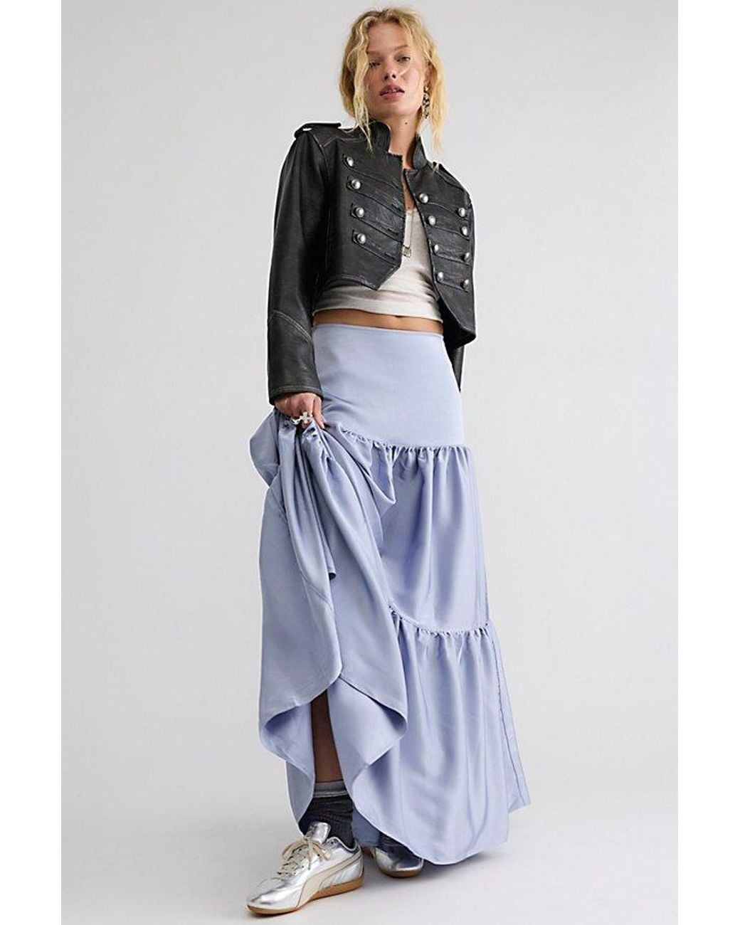 Free People Blue Juliette Satin Maxi Skirt