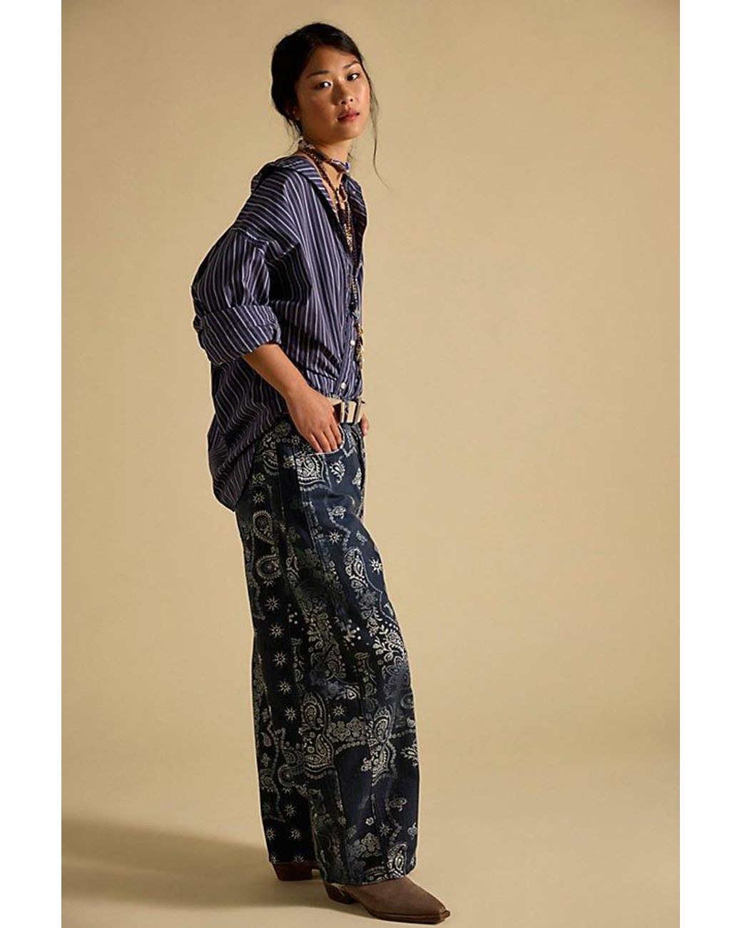Free People Gray Good Luck Printed Barrel Jeans