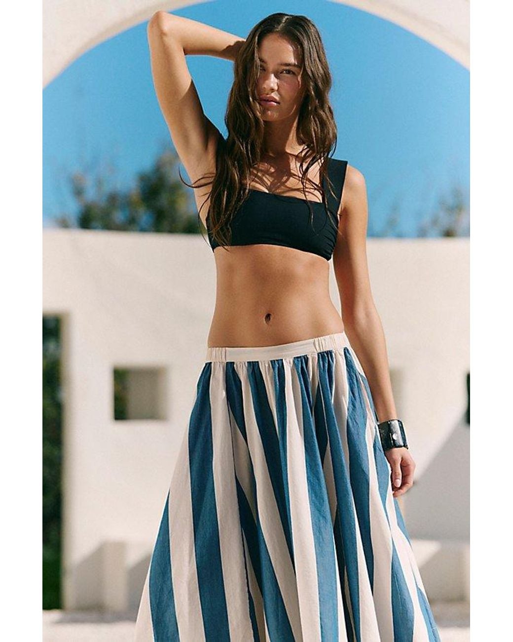 free-est Green Lowen Striped Midi Skirt By
