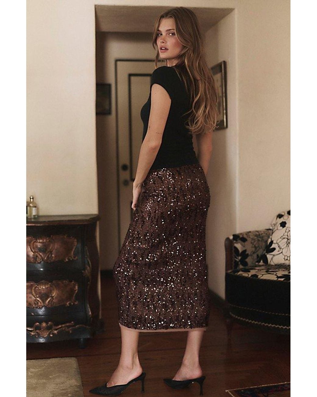 Intimately By Free People Brown Party Trick Sequin Midi Slip Skirt By