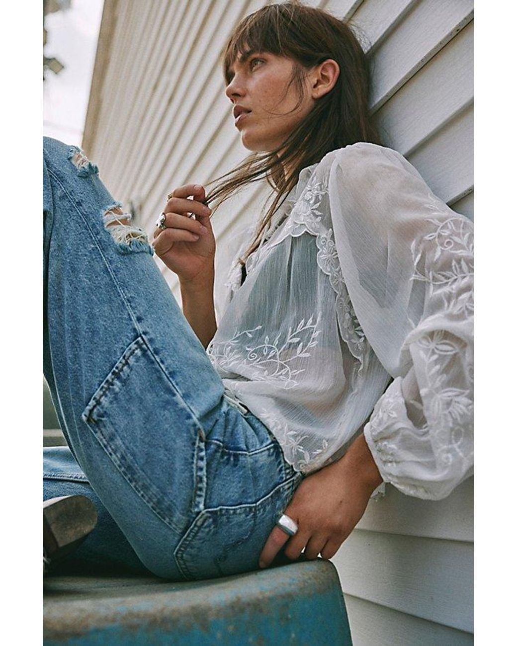 Chemisier FREE PEOPLE Boho Hippie - Dentelle Blanche, Léger, Taille M - Occasion Très Bon État, Style Bohème