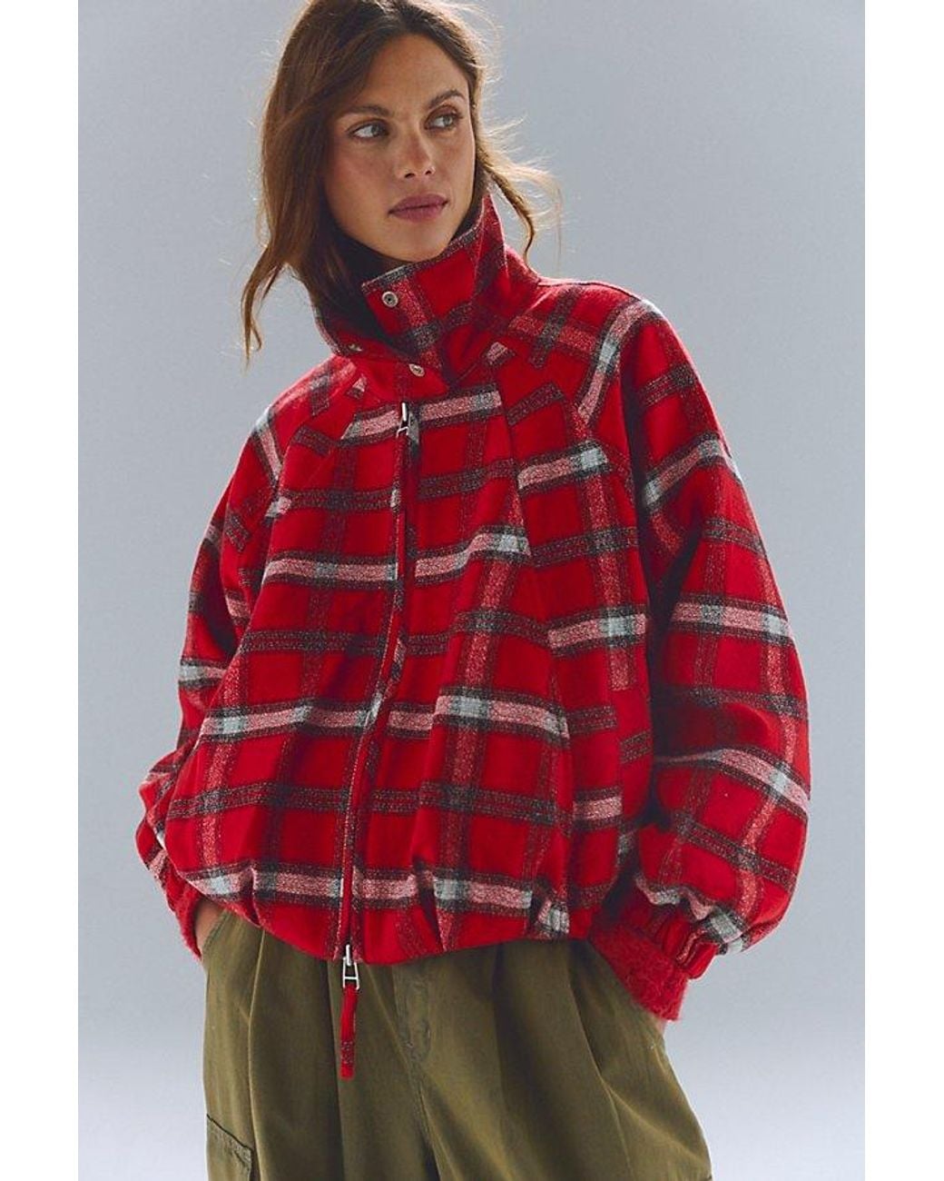Free People Red Chelsea Plaid Funnel-Neck Oversized Jacket