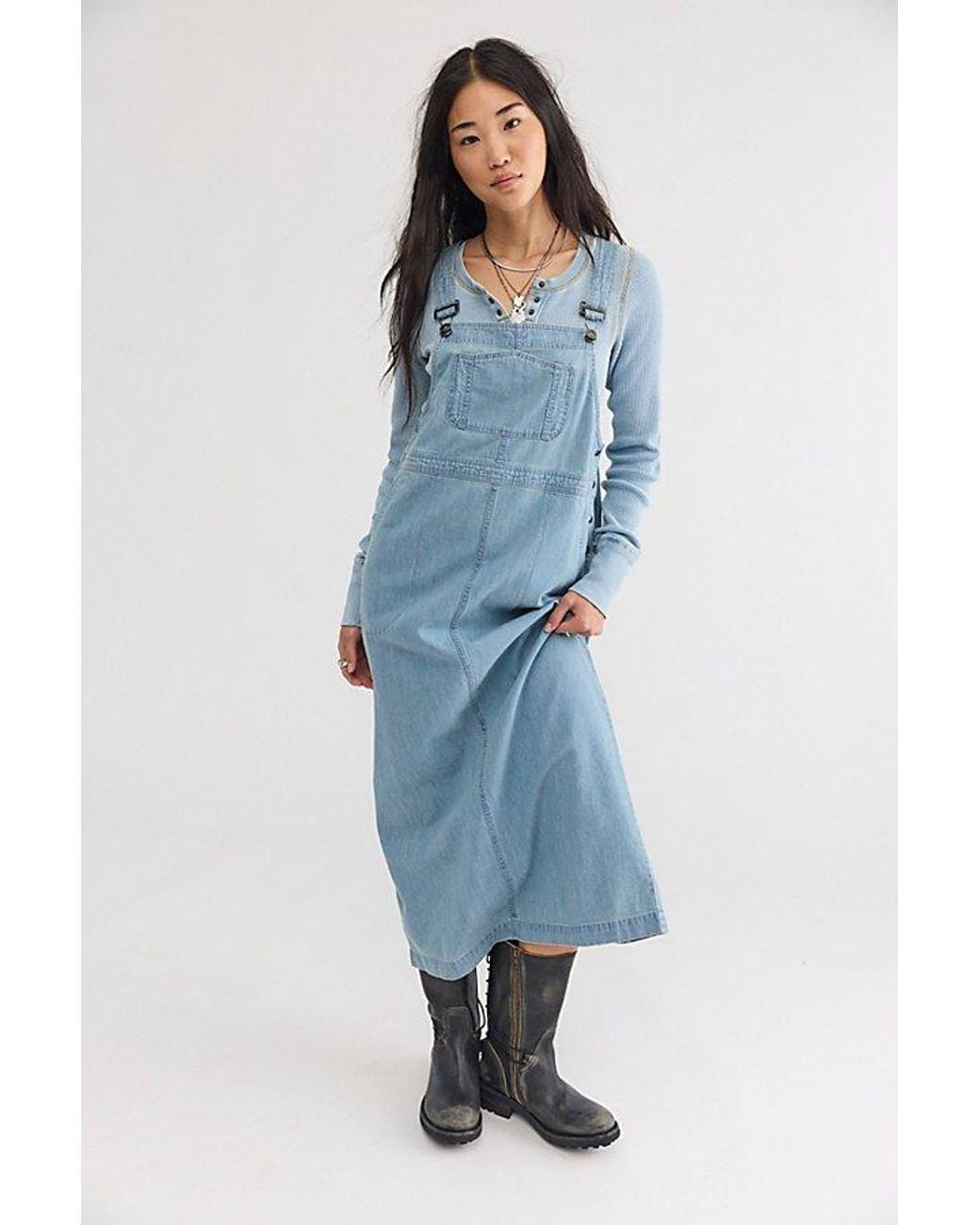 Free People Blue Hanson Solid Apron Midi Dress