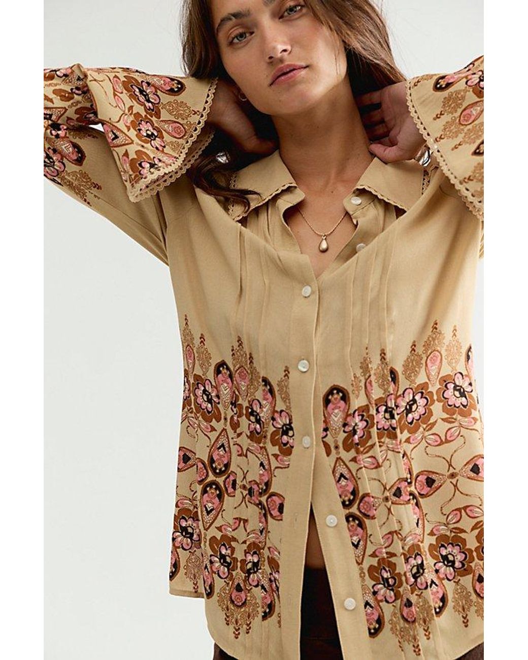 Free People Brown Melrose Printed Button Down Top