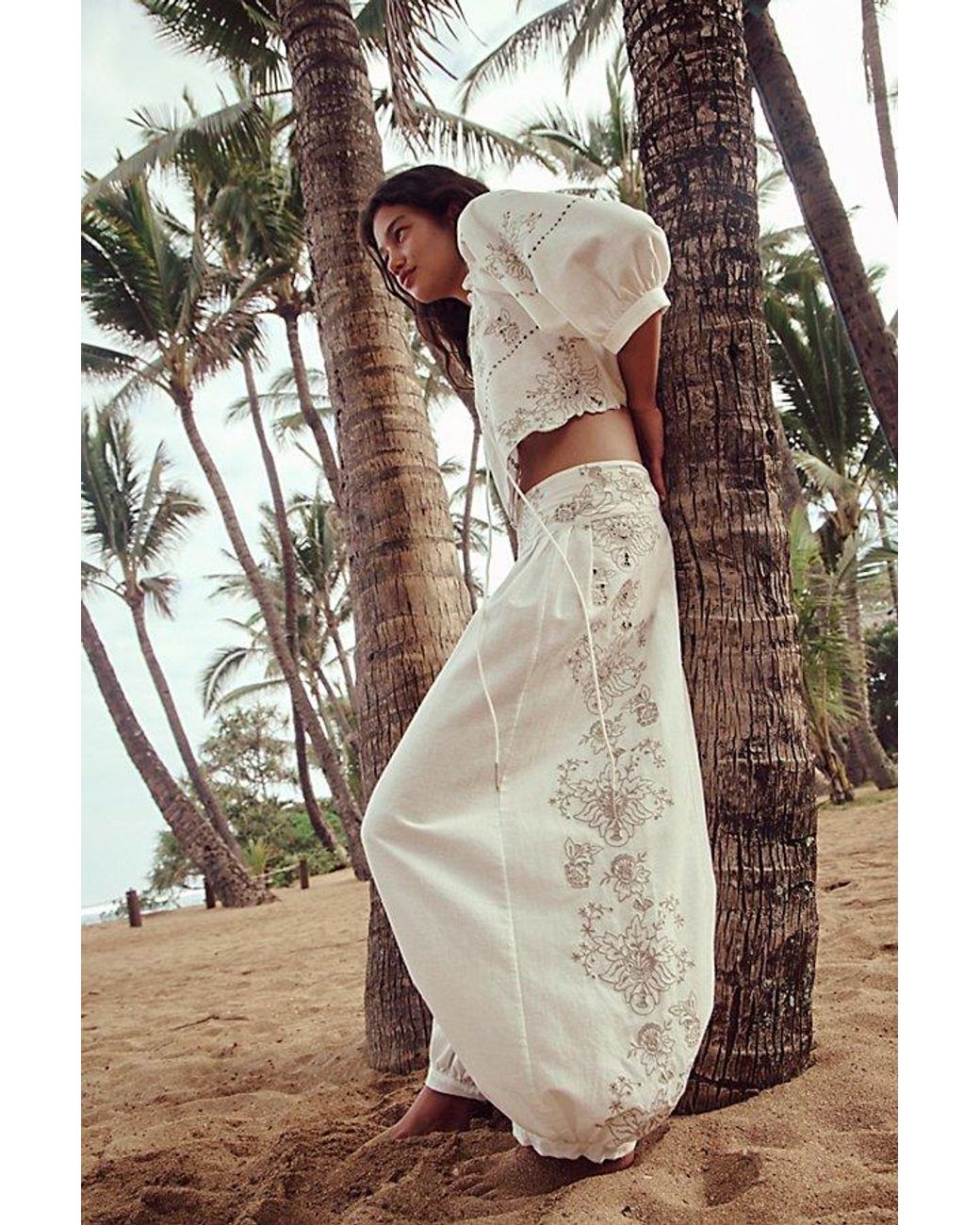 Free People Natural Norte Embroidered Pant Set