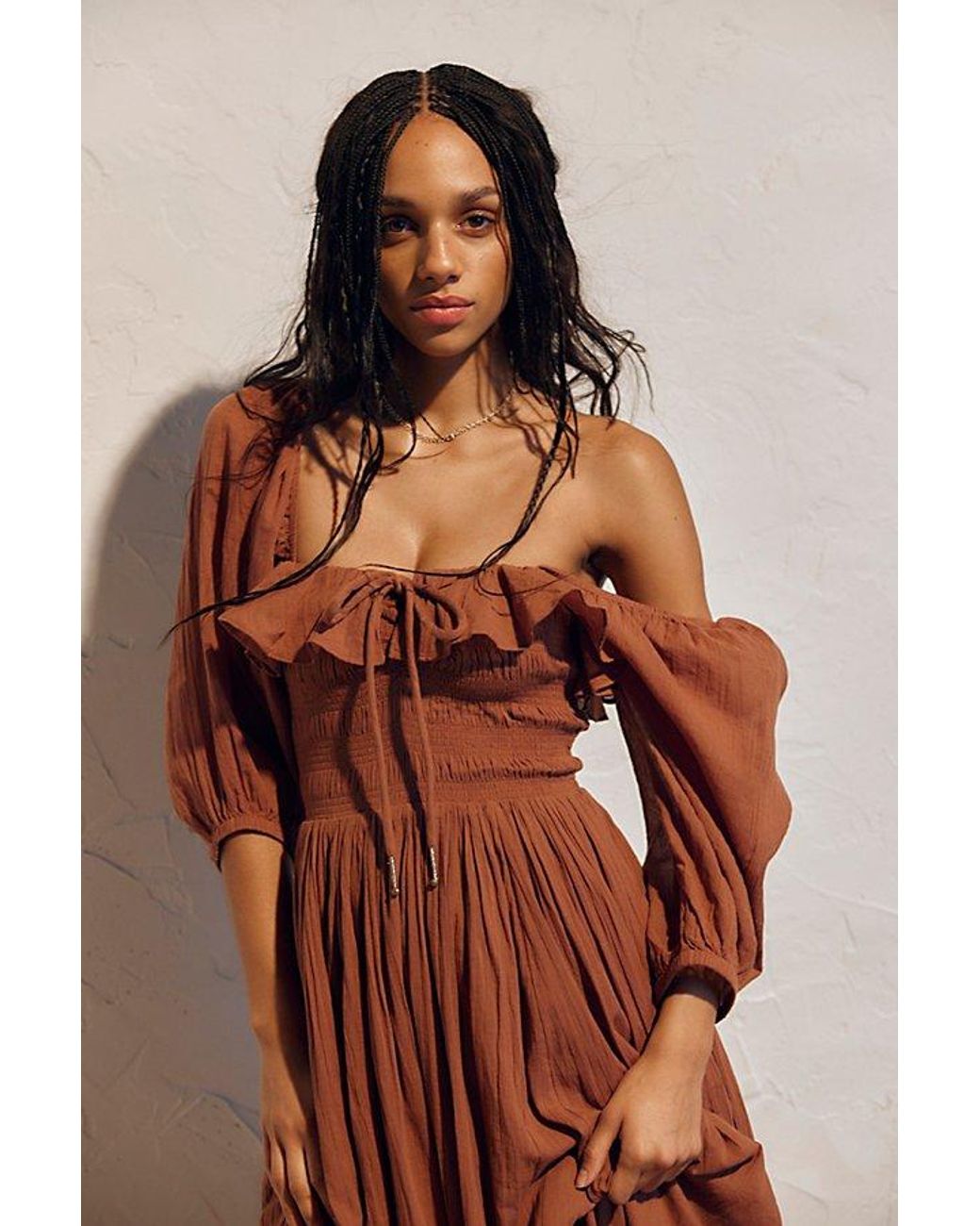 free people brown off the shoulder dress Oasis Midi in Size:30 inch