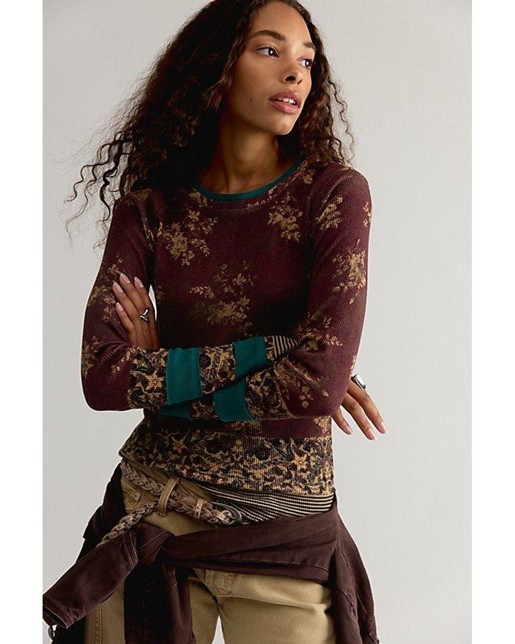 Free People Brown Easy Does It Printed Long Sleeve Tee