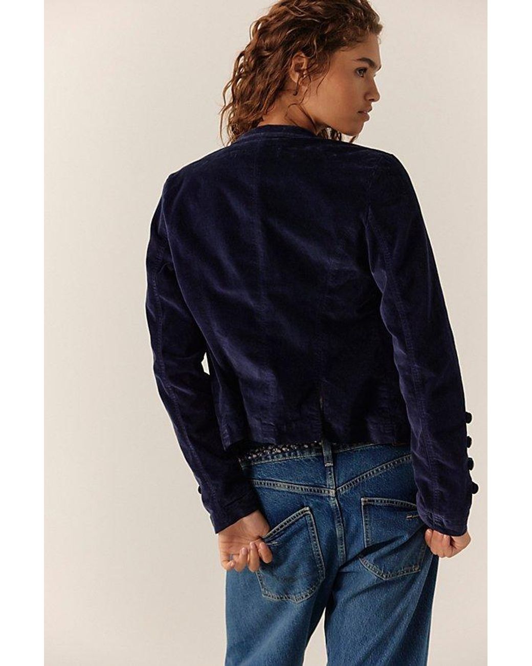 Free People Blue Fitted Velvet Military Jacket