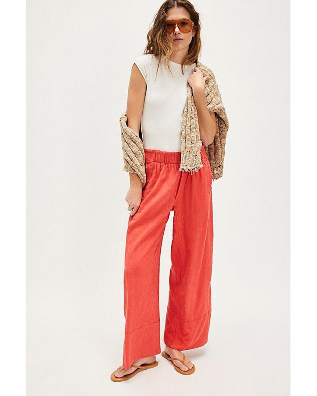 Free People Red Day's End Linen Pull-On Pants