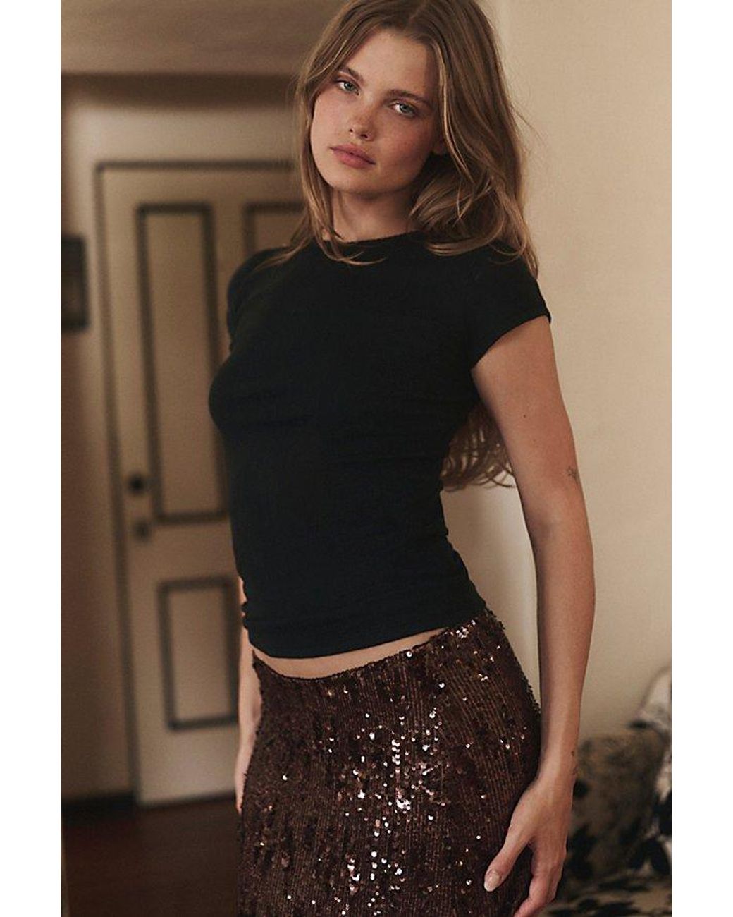 Intimately By Free People Brown Party Trick Sequin Midi Slip Skirt By