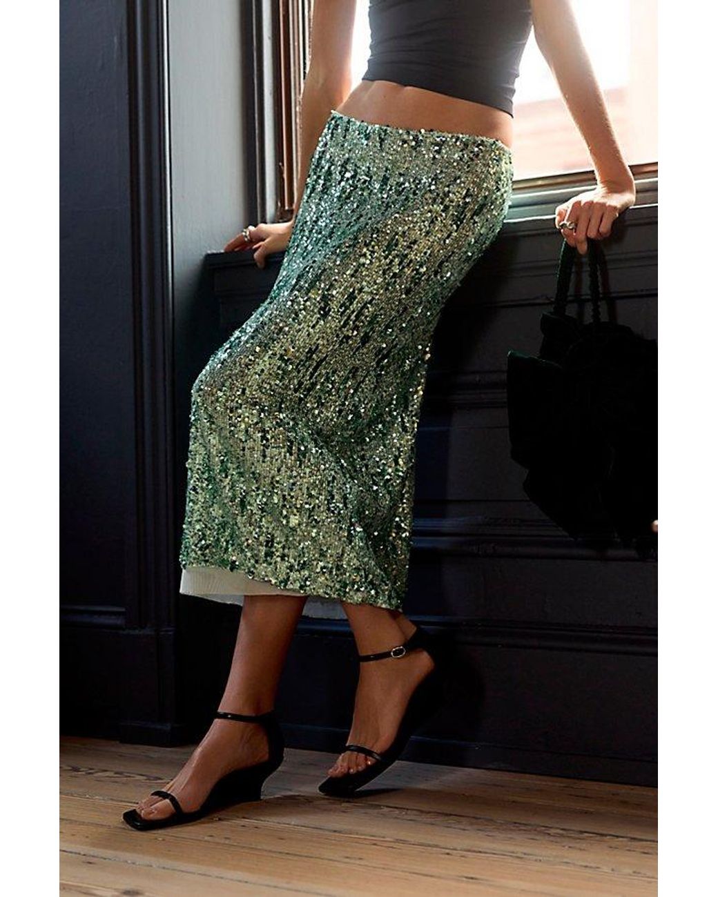 Intimately By Free People Black Party Trick Sequin Midi Slip Skirt By