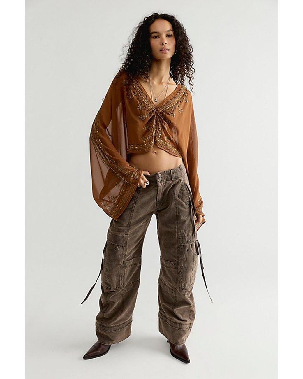 Free People Brown Calla Embellished Cape Top