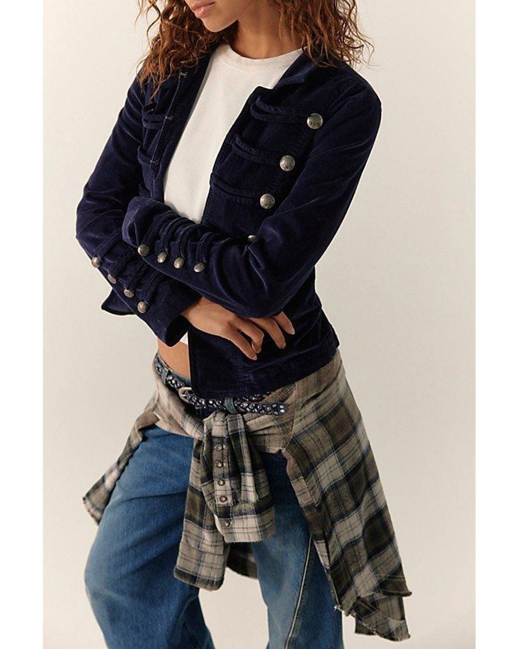 Free People Blue Fitted Velvet Military Jacket