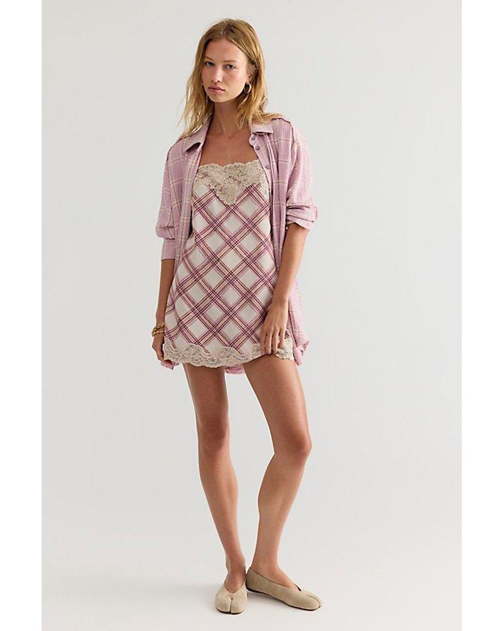 Free People Pink Canal Street Plaid Slip Dress Set