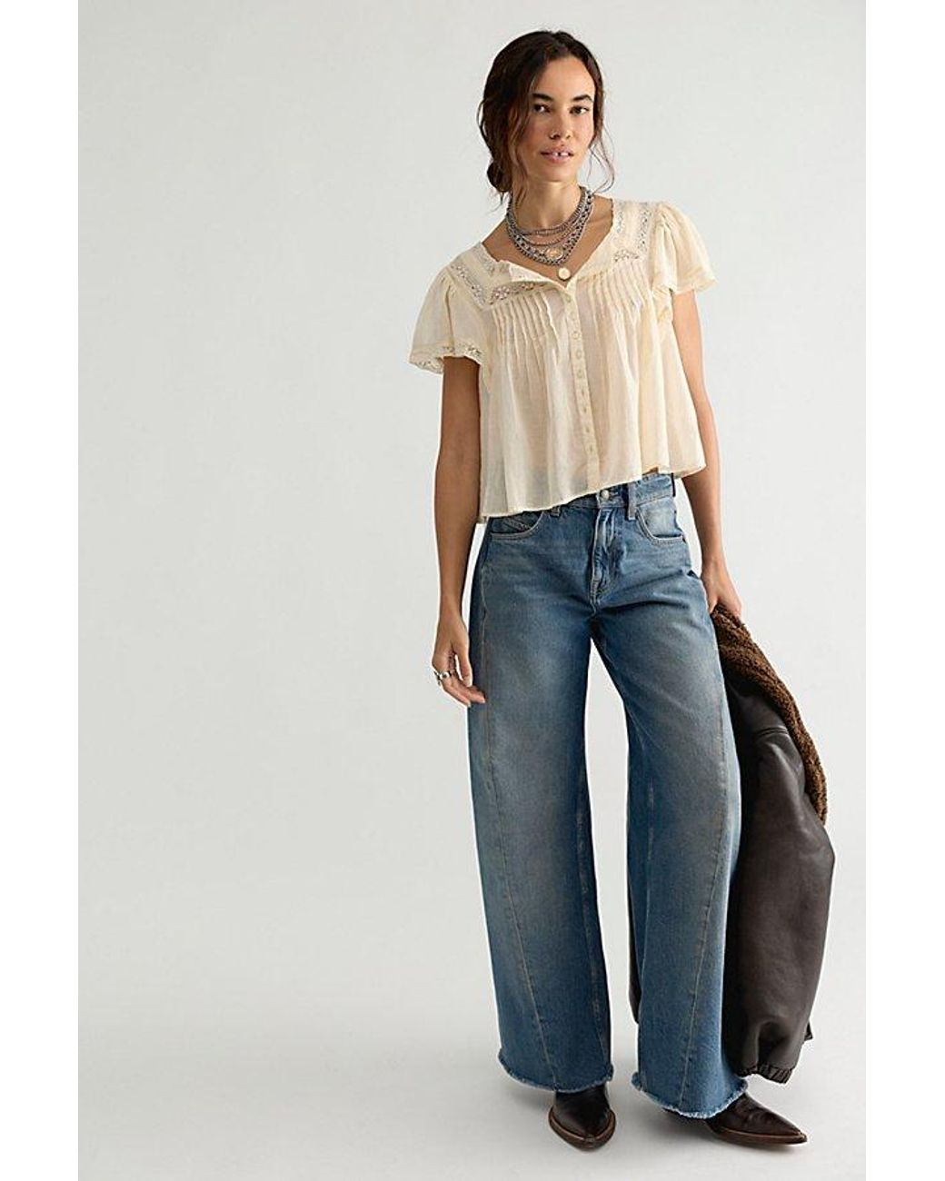 Free People Natural Monica Square Neck Button Down Top
