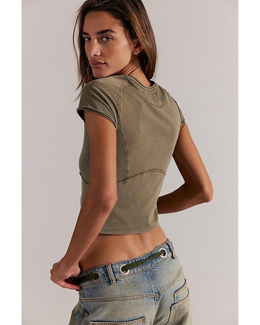 Free People Brown Protagonist Cropped Cap Sleeve Tee