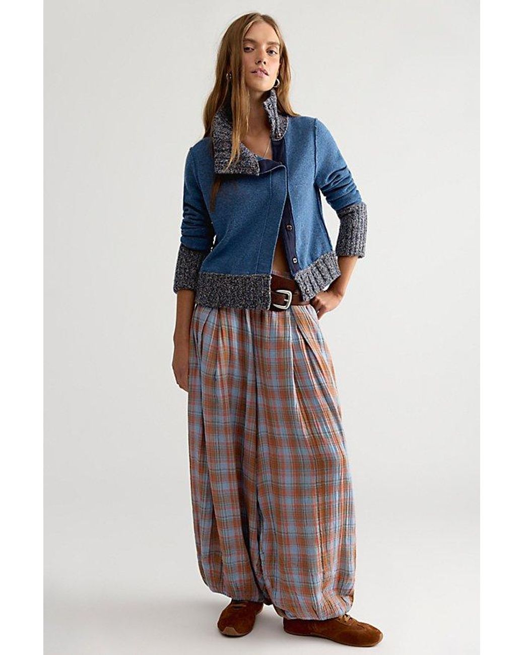 Free People Blue Off Kilt Funnel-Neck Wool Cardi