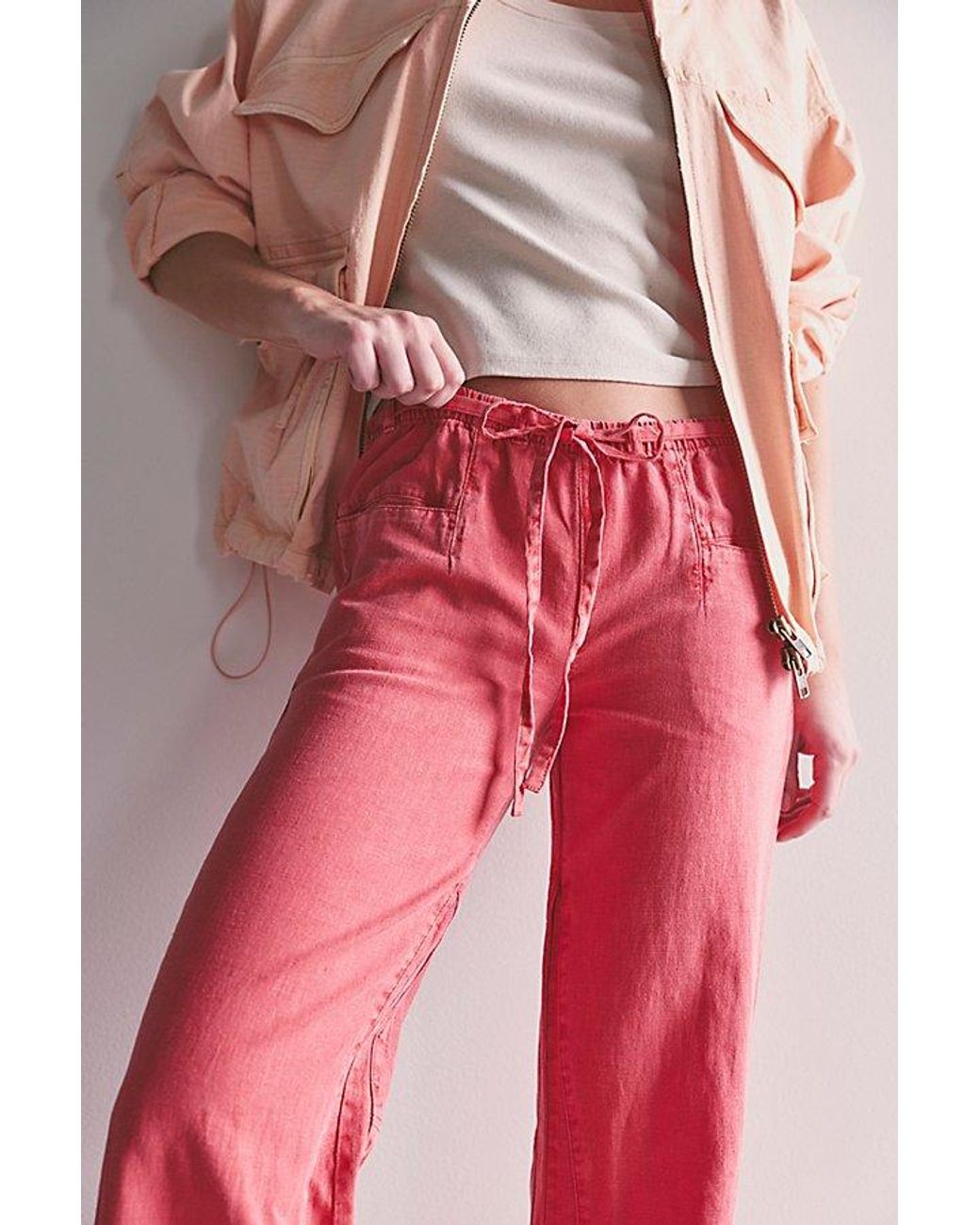 Free People Red Break The Ice Linen Slouch Flare Pants