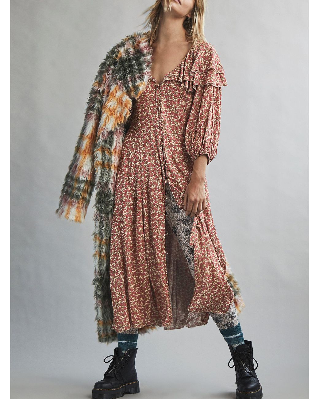 cardi plaid faux fur coat