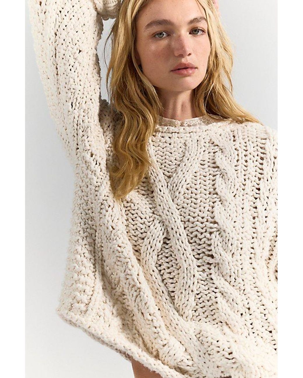 Free People Natural Lola Cable Knit Pullover