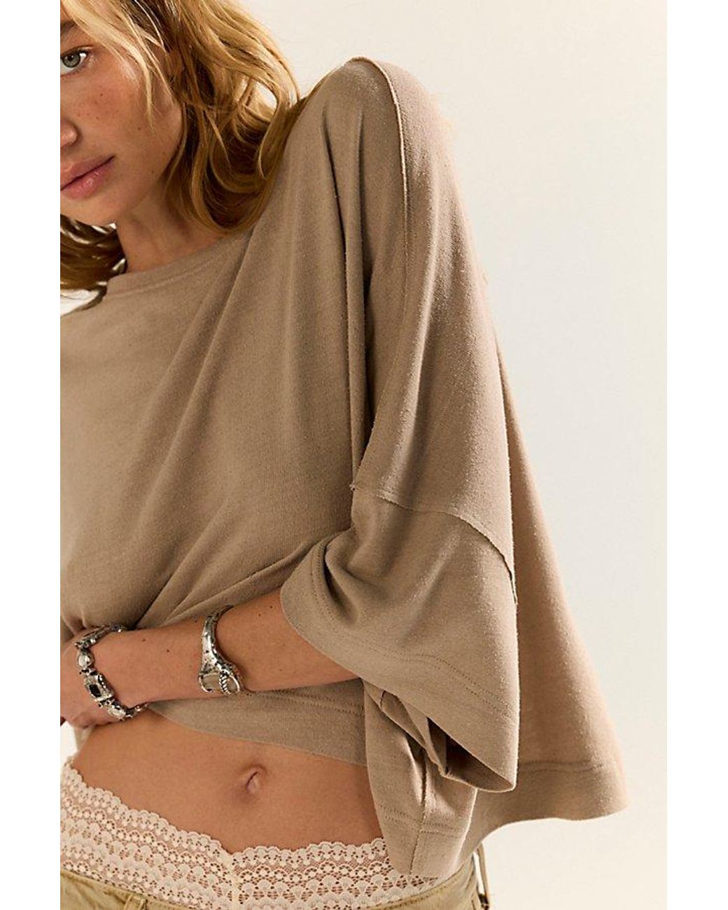 Free People Brown Boxy Crew-Neck Silk Tee