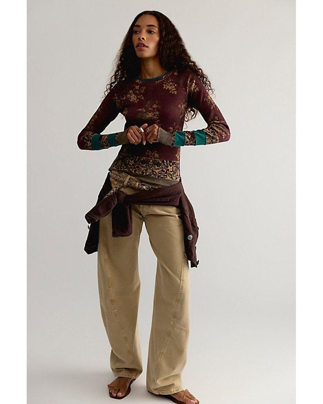 Free People Brown Easy Does It Printed Long Sleeve Tee