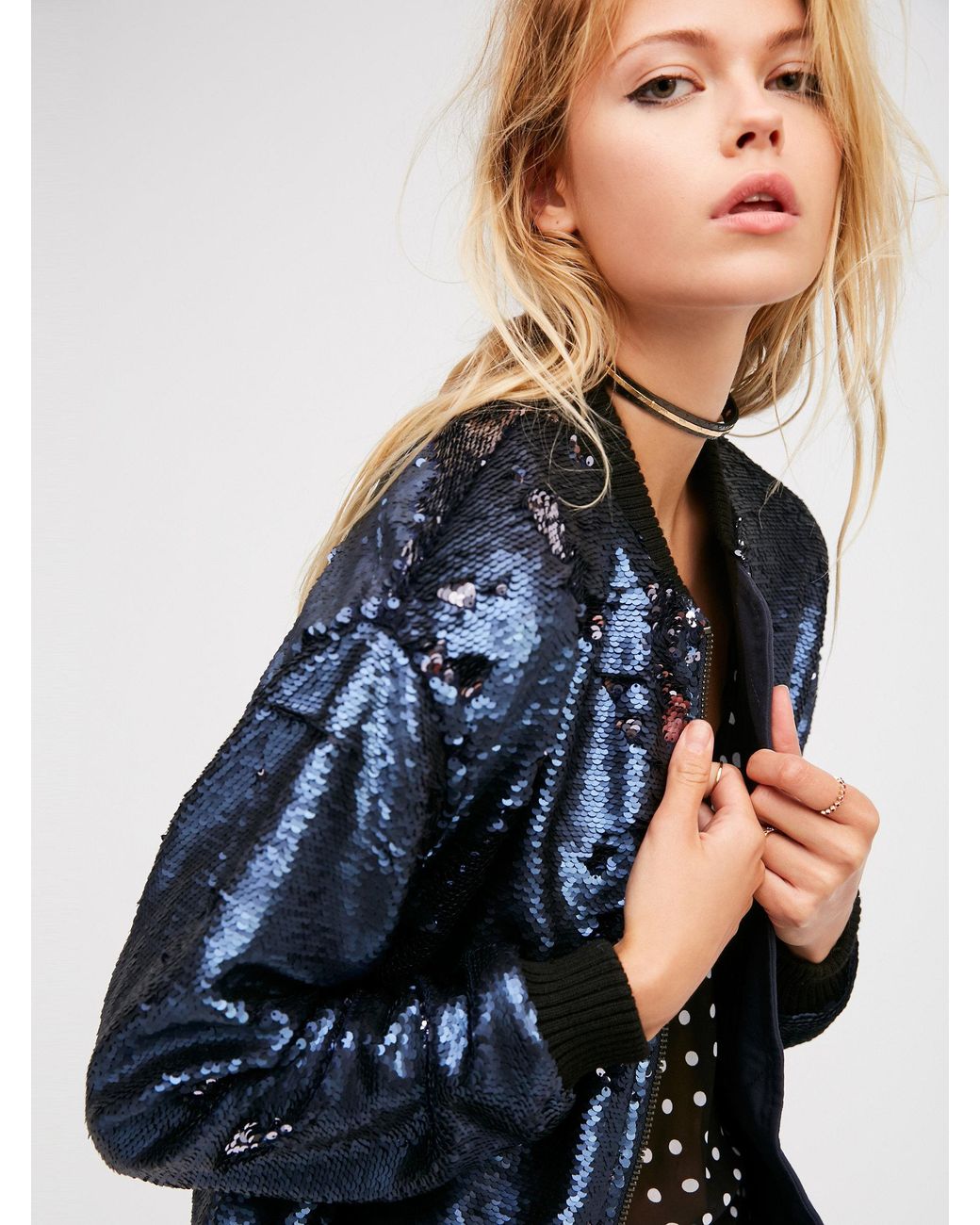 Free People Sequin Bomber in Blue | Lyst