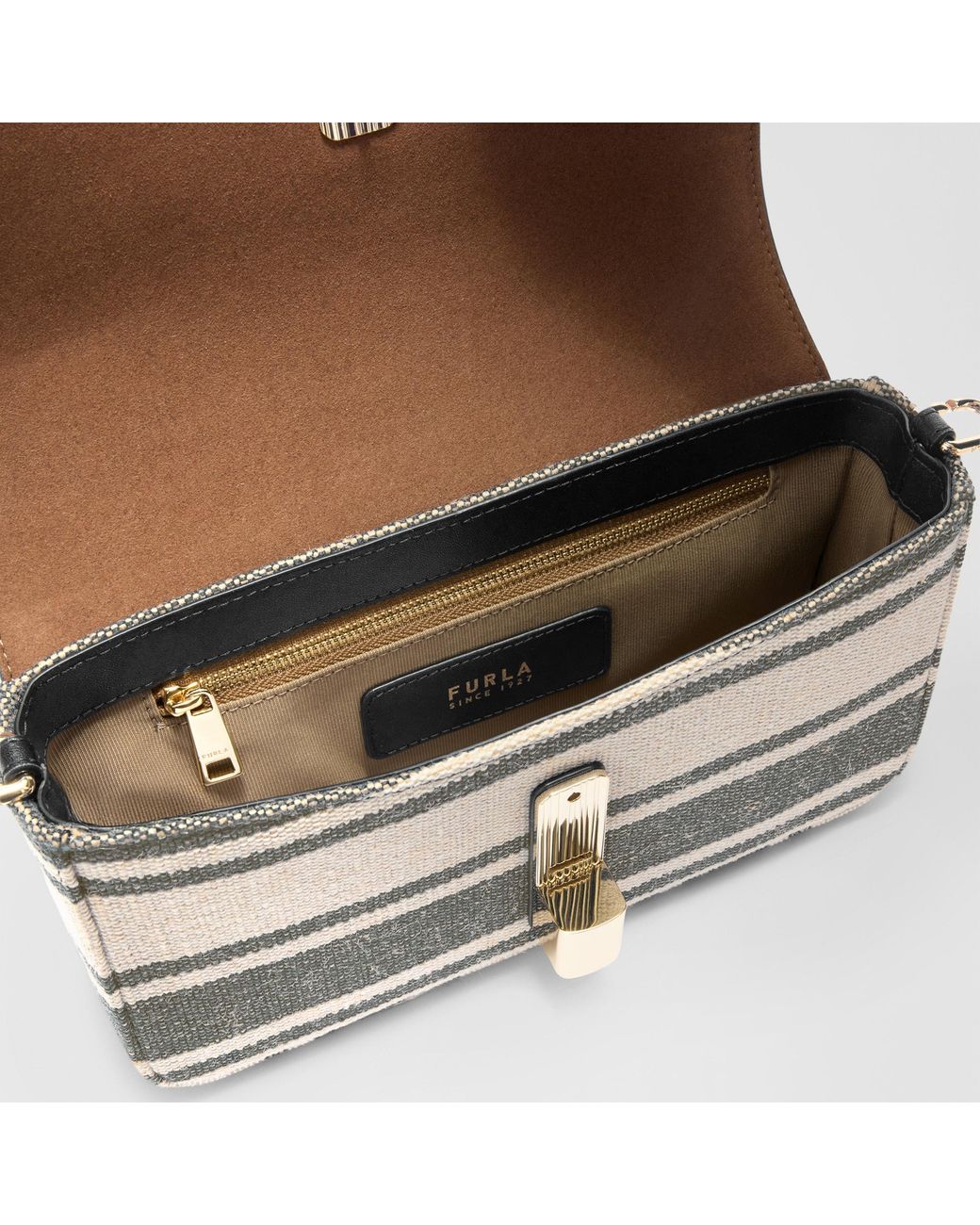 Furla Gray Iride Crossbody Toni Canvas Stripes Fabric + Sidney Calf Leather