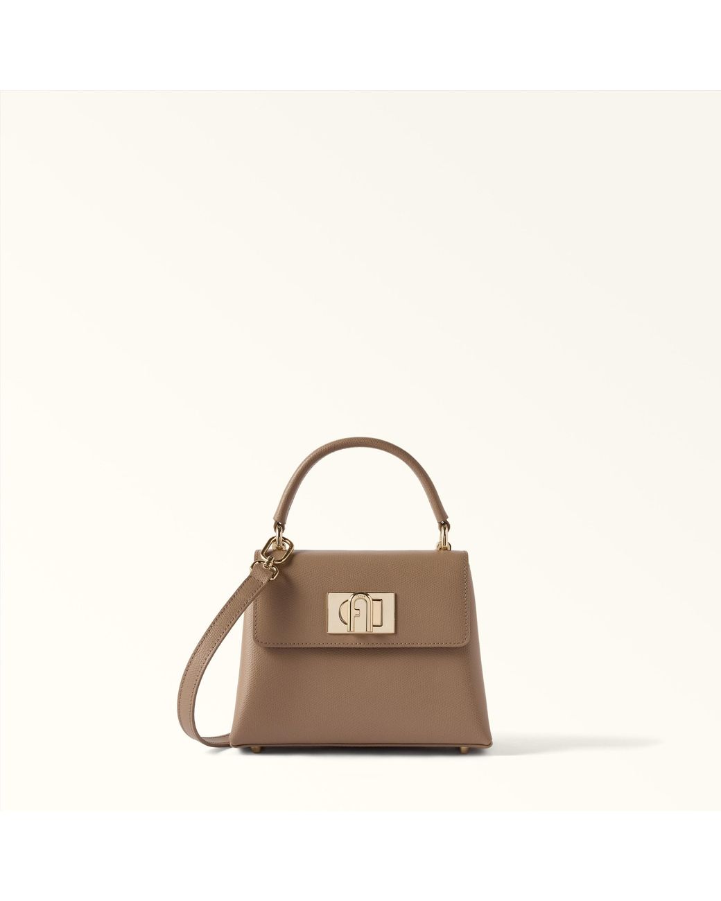 Furla Brown 1927 Top Handle Mini Greige Textured Leather