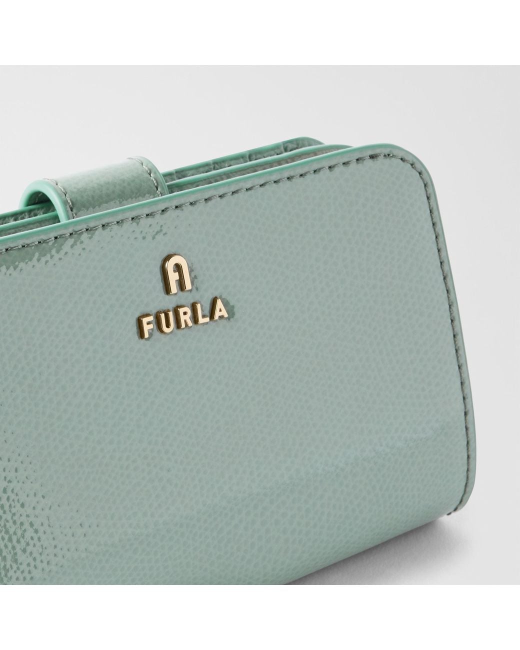 Furla Green Camelia Compact Wallet Winter Sky Varnished Ares Textured Leather