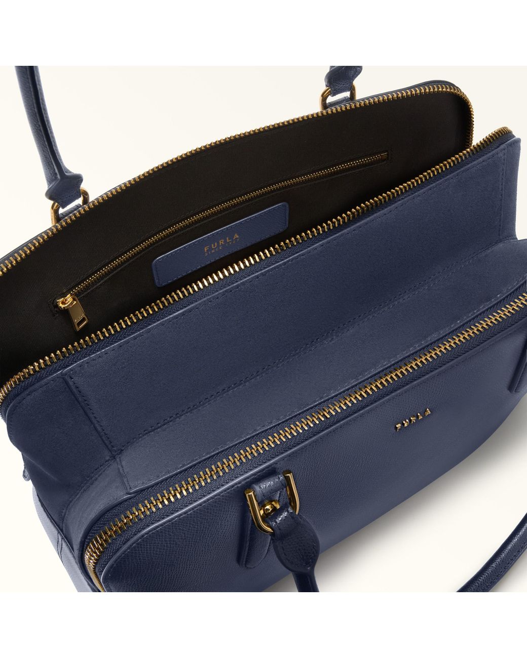 Furla Blue Giulia Boston Bag L Mediterraneo Textured Leather + Suede