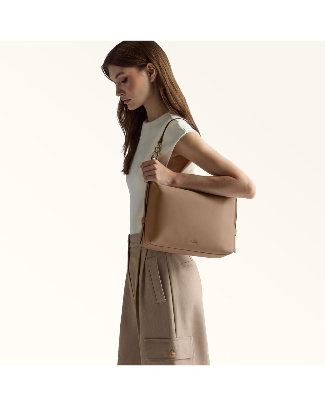 Furla Natural Tonie Shoulder Bag Toffee Ares Soft Textured Leather