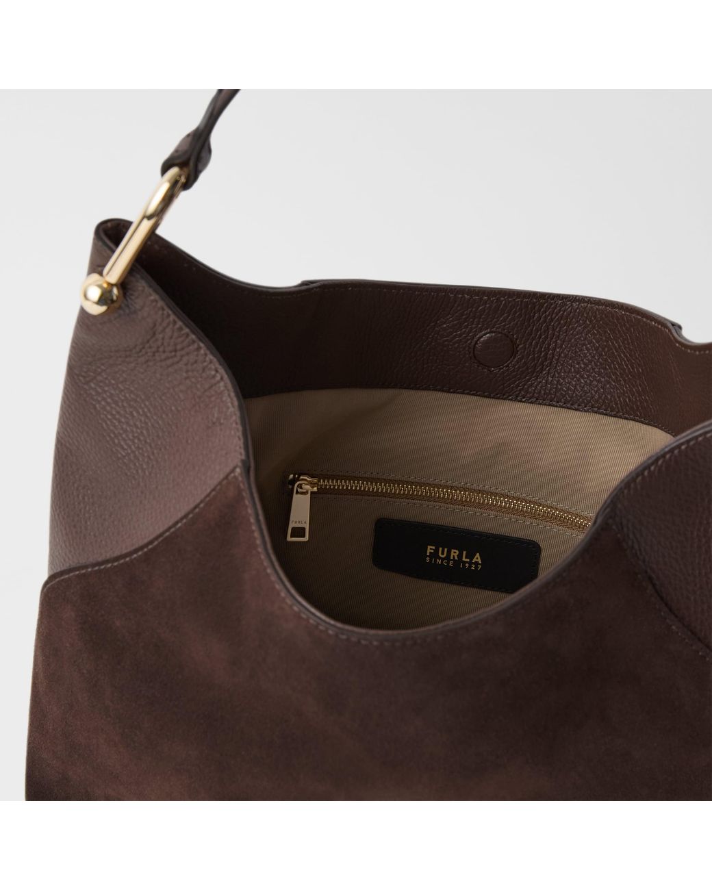 Furla Brown Lara Shoulder Bag Toni Espresso Suede + Grained Calf Leather