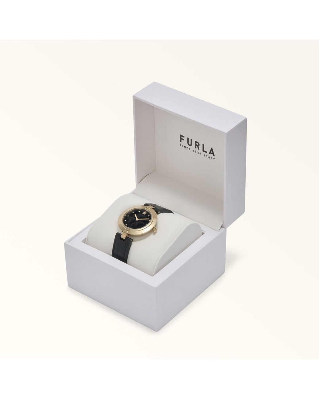 Furla Black Logo Links Round Case Watch Nero Leather + Metal